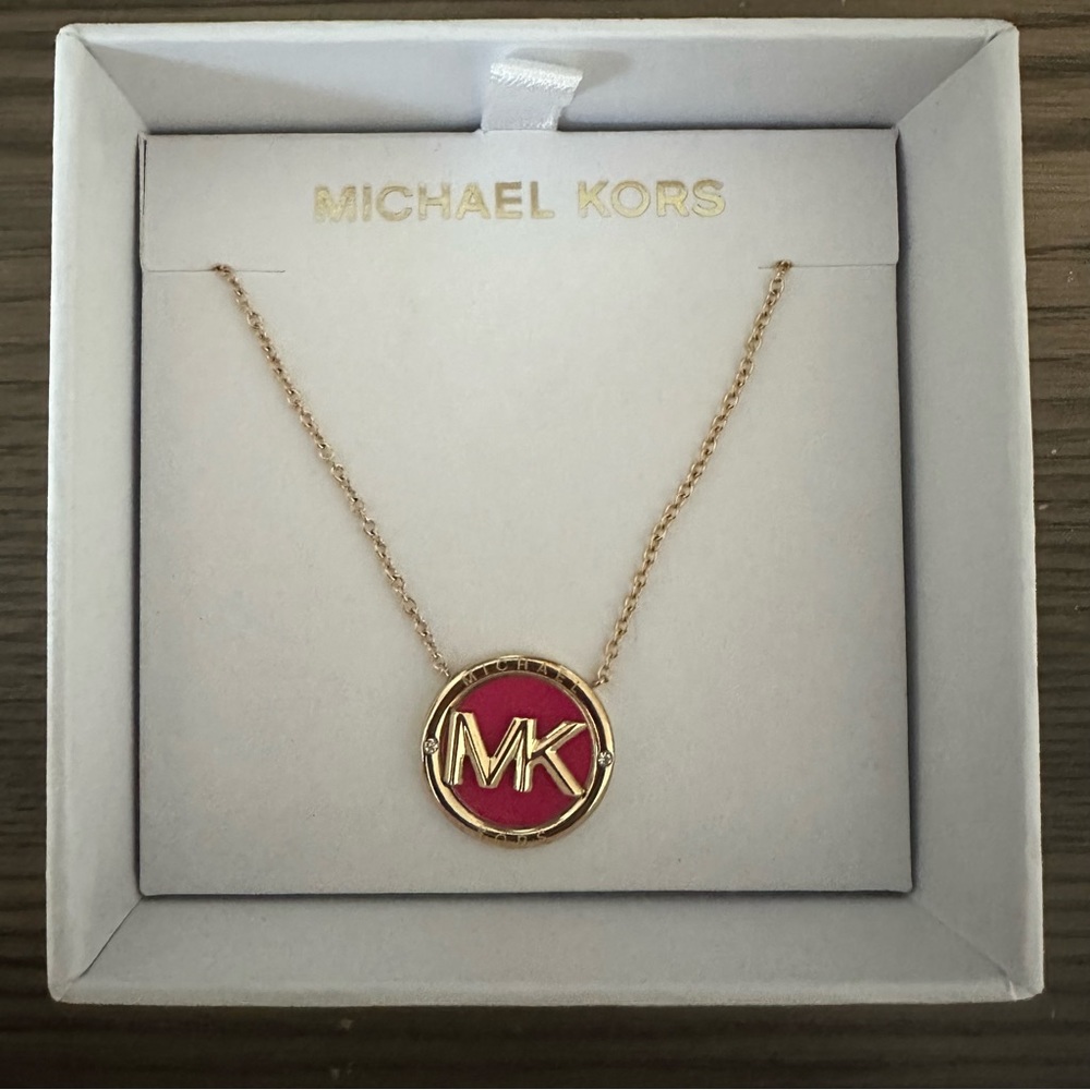 Michael Kors Gold Tone Pink Logo Necklace MKJX7670710 New NIB